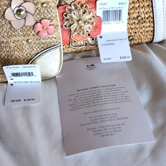 Coach Hamptons Straw Floral Applique Weekender Tote Coral/White & Wristlet NWT - Picture 8 of 17